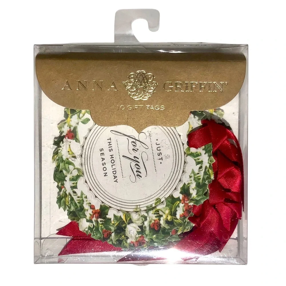 Anna Griffin Holiday Wreath Gift Tags with Red Ribbon, Set of 10 (GT526)